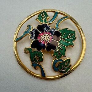 Vintage Cloisonné Brooch Black and Green